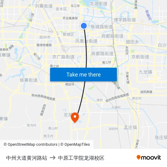 中州大道黄河路站 to 中原工学院龙湖校区 map