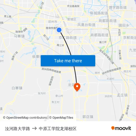 汝河路大学路 to 中原工学院龙湖校区 map
