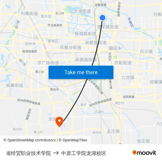 省经贸职业技术学院 to 中原工学院龙湖校区 map