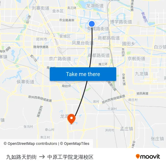 九如路天韵街 to 中原工学院龙湖校区 map