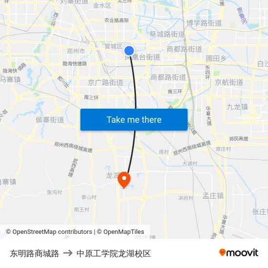 东明路商城路 to 中原工学院龙湖校区 map
