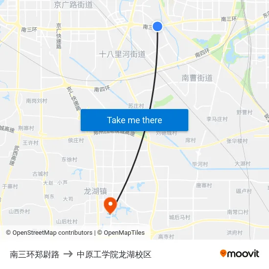 南三环郑尉路 to 中原工学院龙湖校区 map