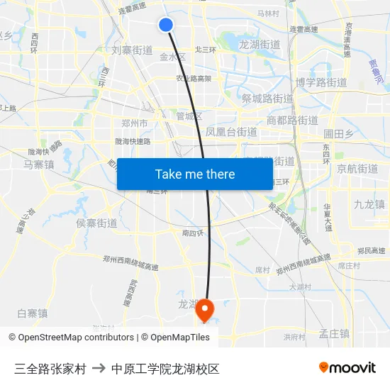 三全路张家村 to 中原工学院龙湖校区 map