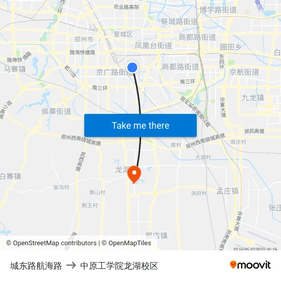 城东路航海路 to 中原工学院龙湖校区 map