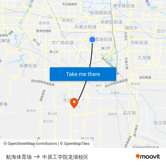 航海体育场 to 中原工学院龙湖校区 map