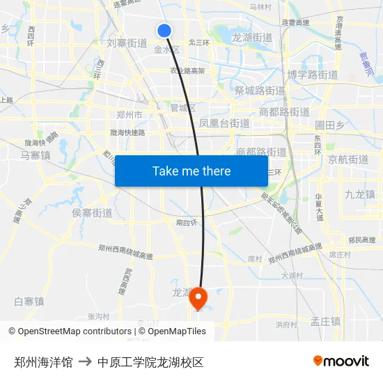 郑州海洋馆 to 中原工学院龙湖校区 map
