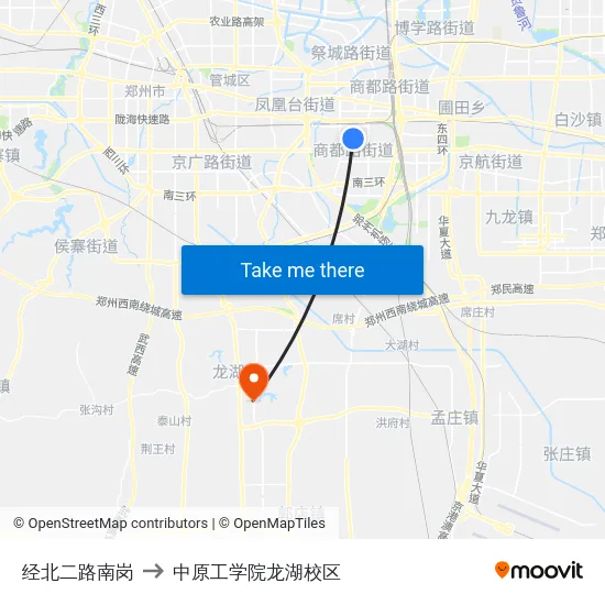 经北二路南岗 to 中原工学院龙湖校区 map