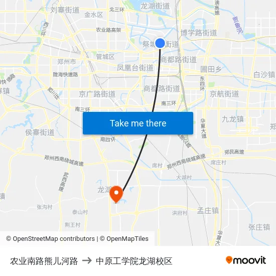 农业南路熊儿河路 to 中原工学院龙湖校区 map