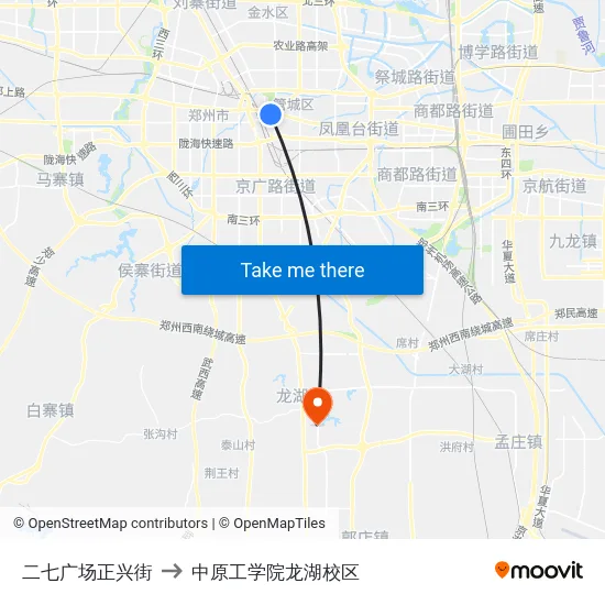 二七广场正兴街 to 中原工学院龙湖校区 map