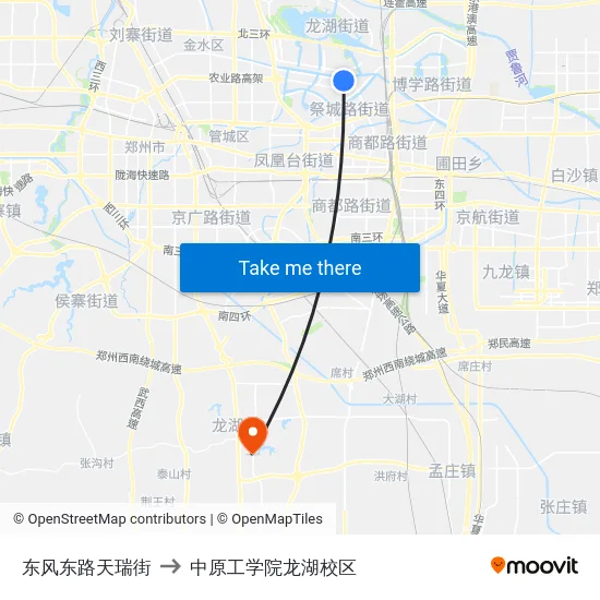 东风东路天瑞街 to 中原工学院龙湖校区 map