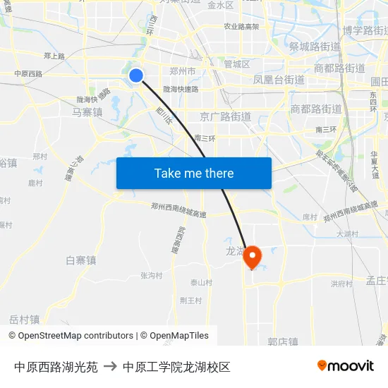 中原西路湖光苑 to 中原工学院龙湖校区 map