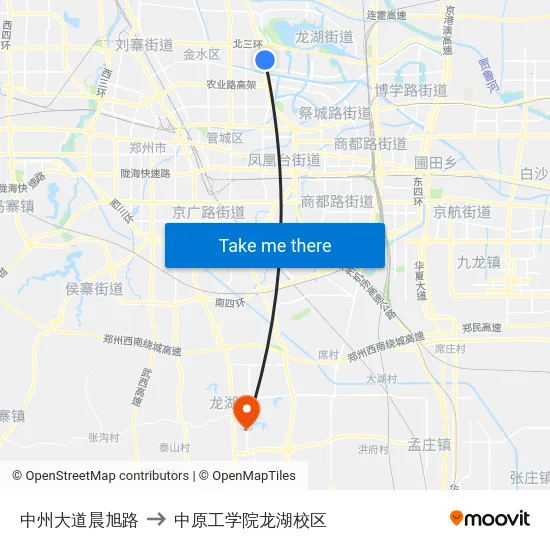 中州大道晨旭路 to 中原工学院龙湖校区 map