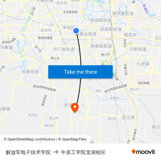 解放军电子技术学院 to 中原工学院龙湖校区 map