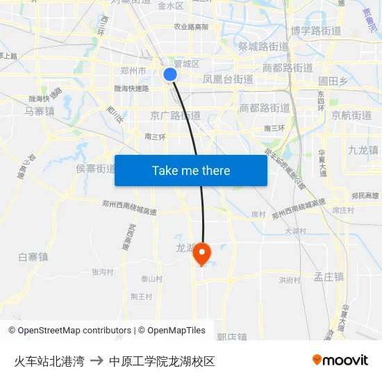 火车站北港湾 to 中原工学院龙湖校区 map