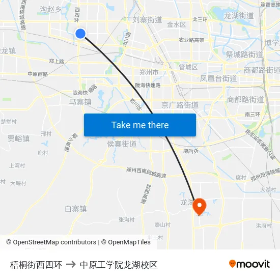梧桐街西四环 to 中原工学院龙湖校区 map