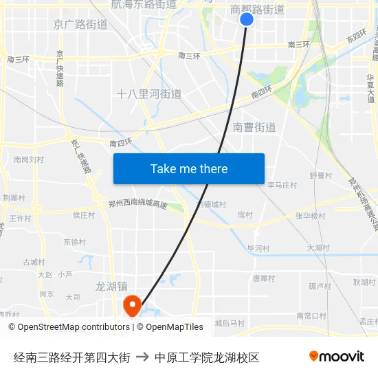 经南三路经开第四大街 to 中原工学院龙湖校区 map