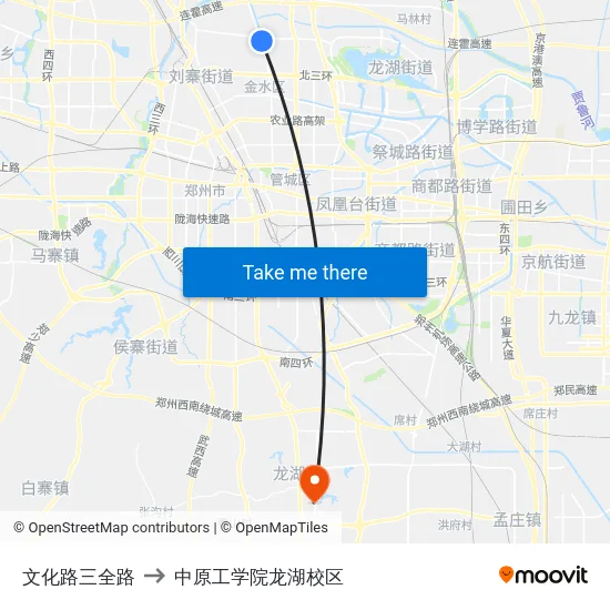 文化路三全路 to 中原工学院龙湖校区 map
