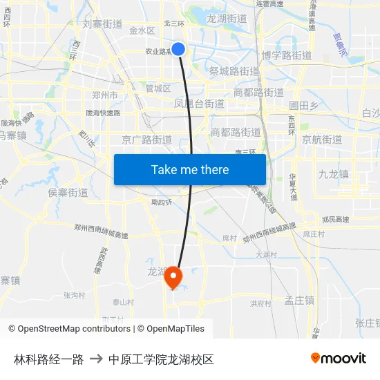 林科路经一路 to 中原工学院龙湖校区 map