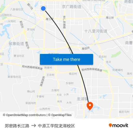 郑密路长江路 to 中原工学院龙湖校区 map