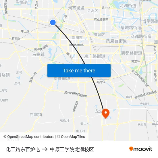 化工路东百炉屯 to 中原工学院龙湖校区 map