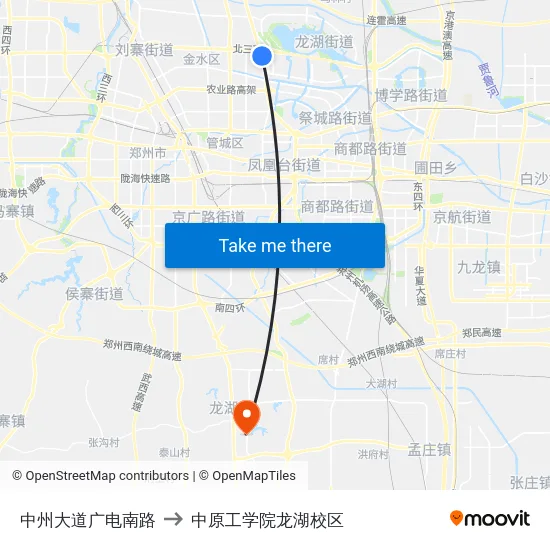 中州大道广电南路 to 中原工学院龙湖校区 map