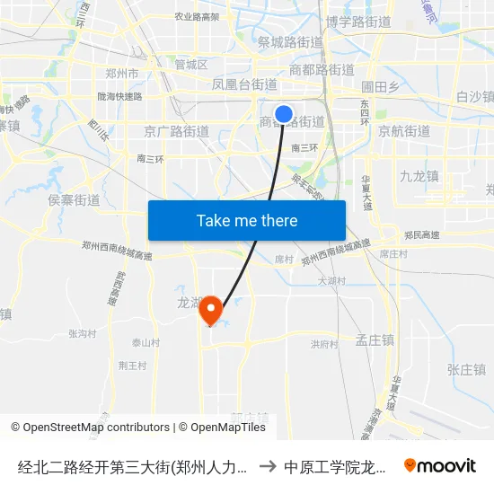 经北二路经开第三大街(郑州人力资源市场) to 中原工学院龙湖校区 map