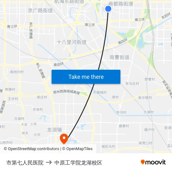 市第七人民医院 to 中原工学院龙湖校区 map