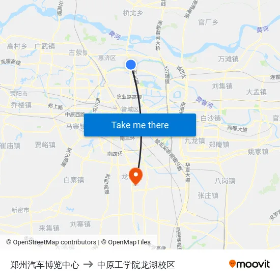 郑州汽车博览中心 to 中原工学院龙湖校区 map
