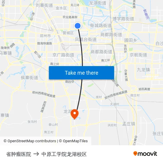 省肿瘤医院 to 中原工学院龙湖校区 map