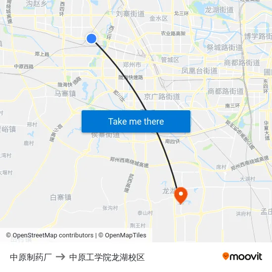 中原制药厂 to 中原工学院龙湖校区 map