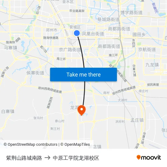 紫荆山路城南路 to 中原工学院龙湖校区 map
