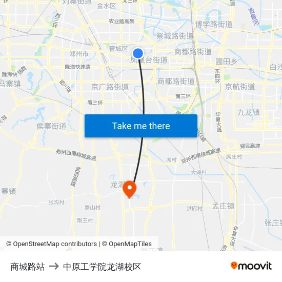 商城路站 to 中原工学院龙湖校区 map