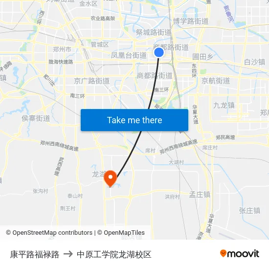 康平路福禄路 to 中原工学院龙湖校区 map