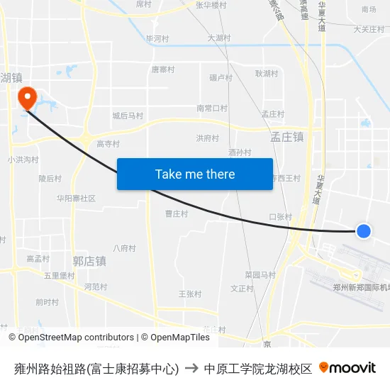 雍州路始祖路(富士康招募中心) to 中原工学院龙湖校区 map