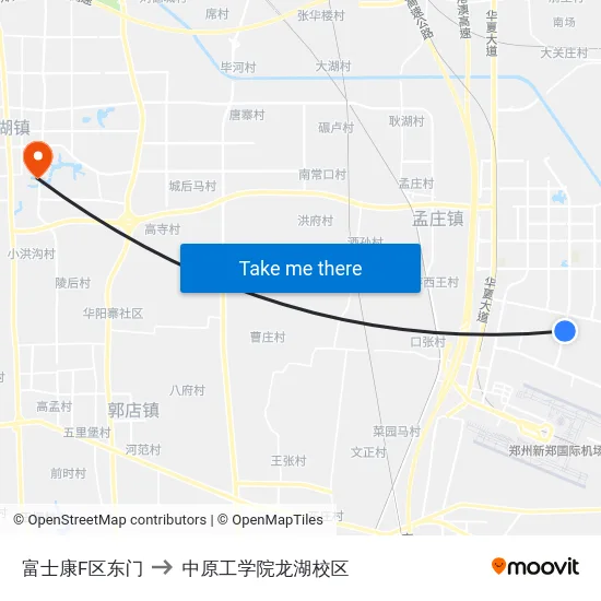 富士康F区东门 to 中原工学院龙湖校区 map