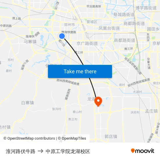淮河路伏牛路 to 中原工学院龙湖校区 map