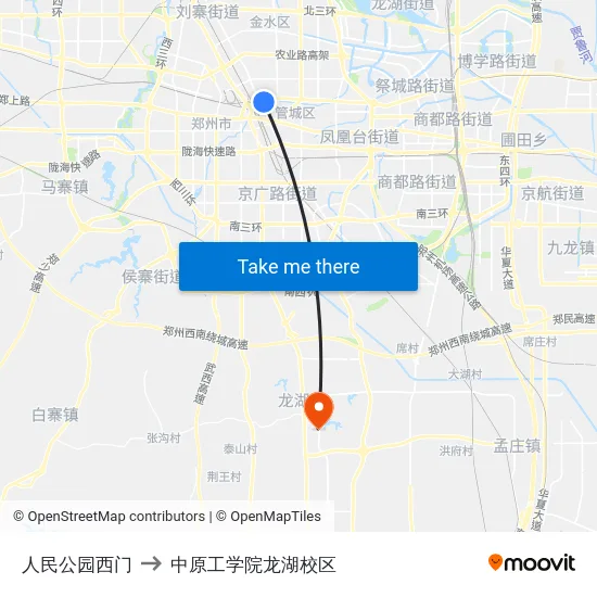 人民公园西门 to 中原工学院龙湖校区 map