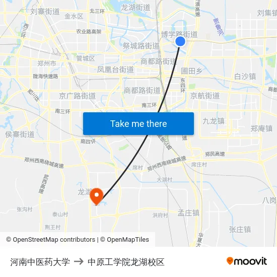 河南中医药大学 to 中原工学院龙湖校区 map
