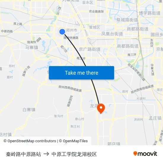 秦岭路中原路站 to 中原工学院龙湖校区 map