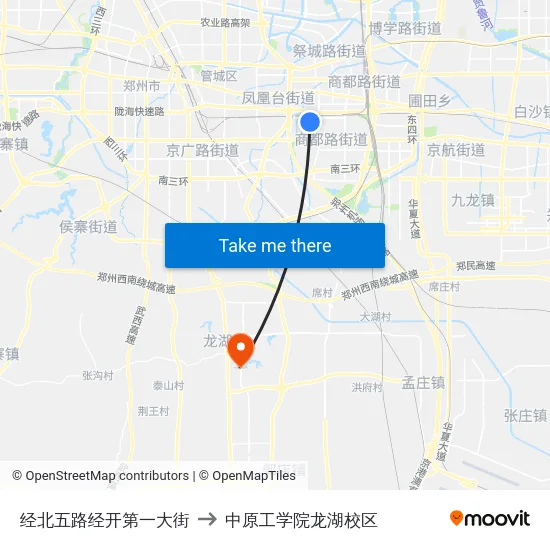 经北五路经开第一大街 to 中原工学院龙湖校区 map