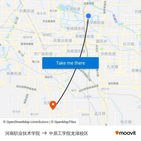 河南职业技术学院 to 中原工学院龙湖校区 map