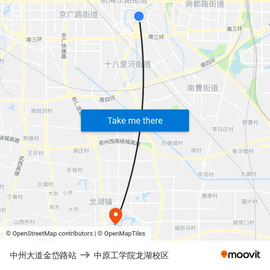 中州大道金岱路站 to 中原工学院龙湖校区 map