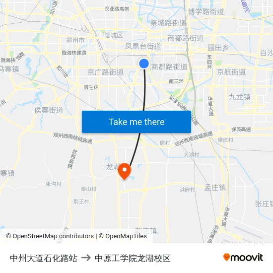中州大道石化路站 to 中原工学院龙湖校区 map