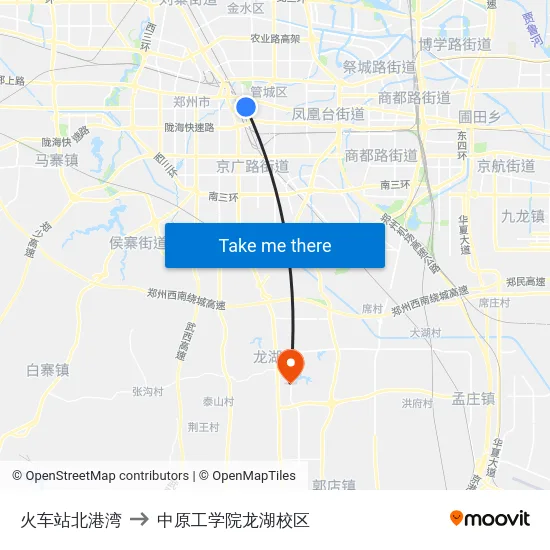 火车站北港湾 to 中原工学院龙湖校区 map
