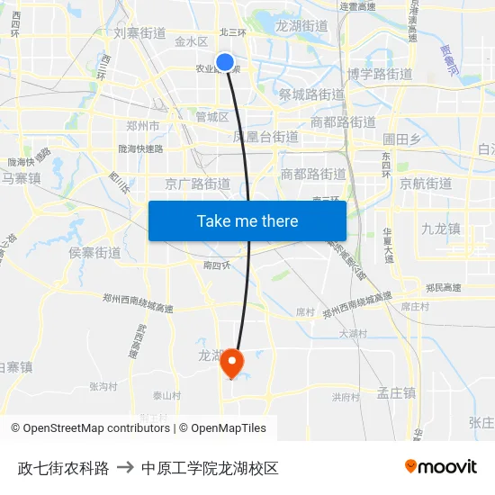 政七街农科路 to 中原工学院龙湖校区 map