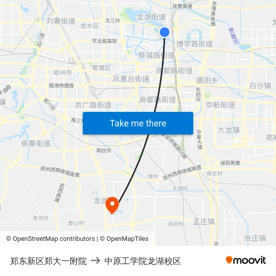 郑东新区郑大一附院 to 中原工学院龙湖校区 map