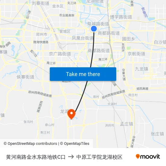 黄河南路金水东路地铁C口 to 中原工学院龙湖校区 map