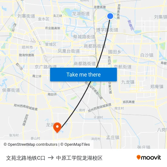 文苑北路地铁C口 to 中原工学院龙湖校区 map