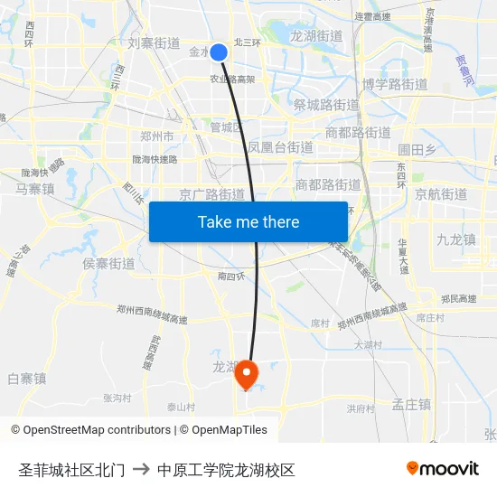 圣菲城社区北门 to 中原工学院龙湖校区 map