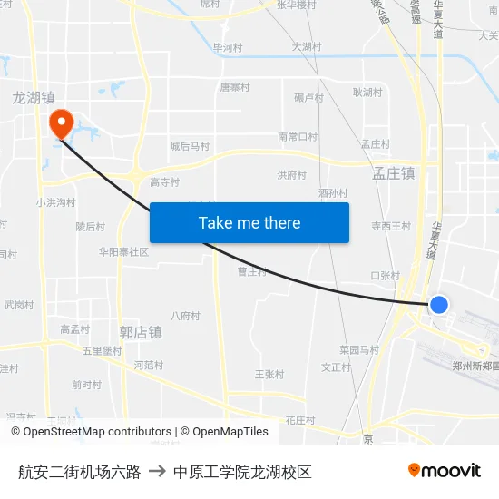 航安二街机场六路 to 中原工学院龙湖校区 map
